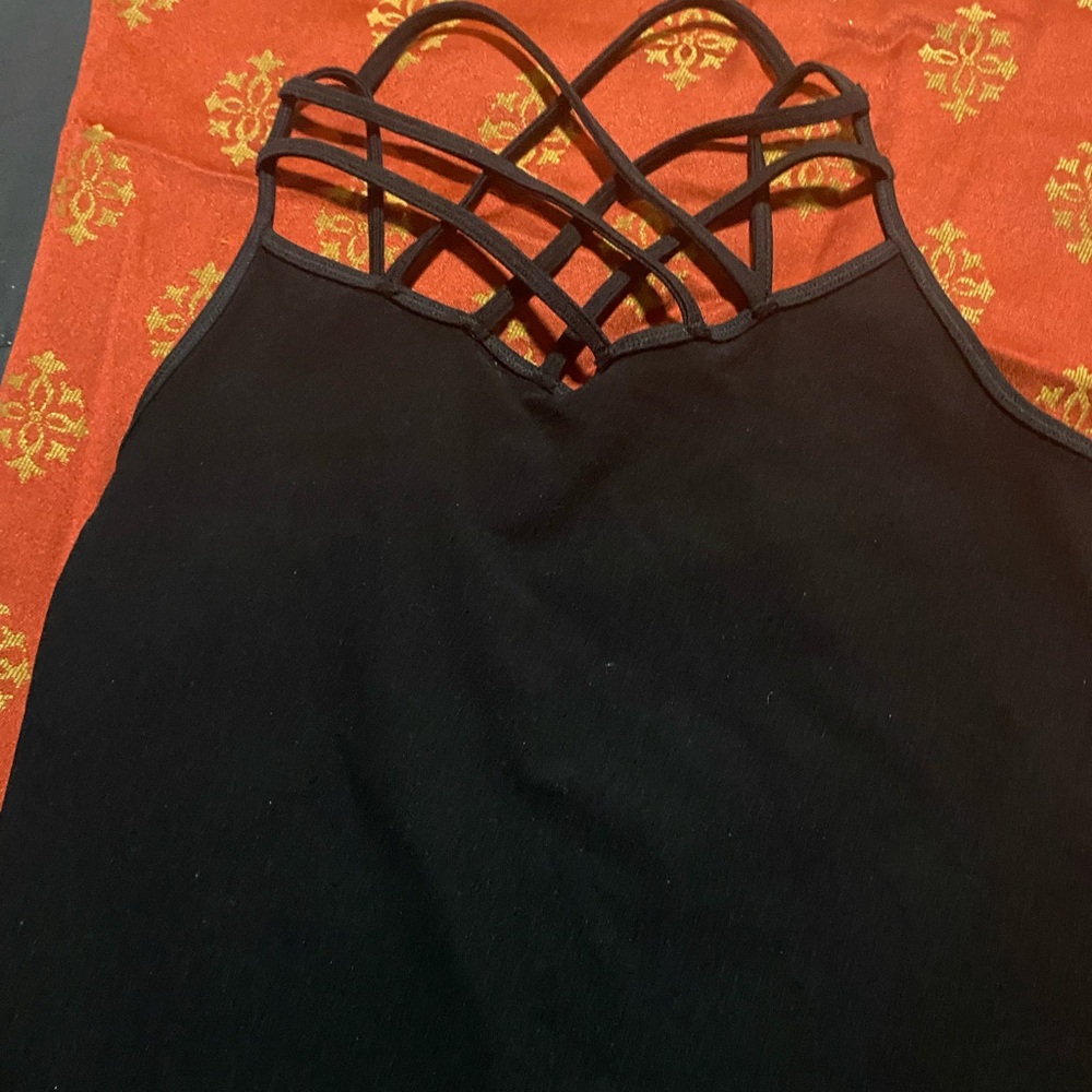 New no tags Black Strappy Tank Top with a criss cross Lycra stretch
